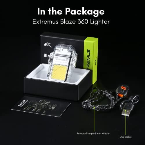 Extremus Blaze 360 ​​Flash Flash, полесен, електричен запалка, водоотпорен ветерник, запалка, USB тип Ц за полнење со светла со LED светла и фенерче