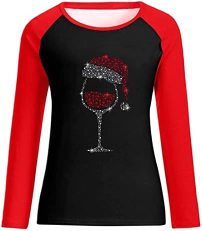 Маици за жени Божиќно вино со вино печатено во боја на долги ракави Раглан маички врвови на обичен пулвер за џемпери