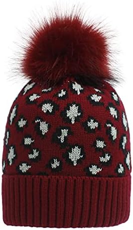 За девојчиња, жени мода лабава леопард печати волна плетена капа топла ветровионска голема топка капа од 70 -ти години мажи мажи