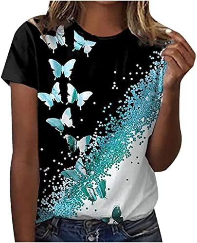 Женски пеперутка цветни печати врвови со кратки ракави на екипажот на вратот на вратот, обични маици, лето лабава вклопена блуза врв