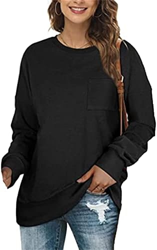 Silunma2021 женски обични маици со цврста боја во џеб, лабава тркалезна врата врвови, маички со долги ракави, врвови на врвови на врвови кошули