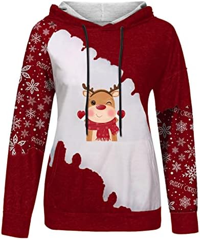 Божиќни дуксери за жени Симпатична снежна пуловер, обичен блокада со долги ракави со долги ракави со џеб со џеб