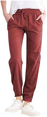 Bakgeerle Women Cotton Lenen Pocket Lounge Долги панталони летни еластични високи половини за влечење џемпери цврсти широки панталони