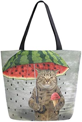 Модни обични торби за намирници за еднократно употреба, симпатичната мачка држи чадор од лубеница и сладолед мажи жени рамо