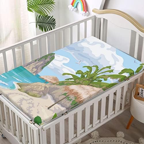 Графички плажа тематски опремени мини креветчиња за креветчиња, преносни мини чаршафи за столбови за деца со постелнина за бебиња за момчиња, 24