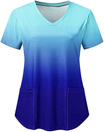 Жени Мода Градиент Печати Краток Ракав V Вратот Блузи Одмор Работна Блуза Кошула Со Џебови Жени Компресија Кошули