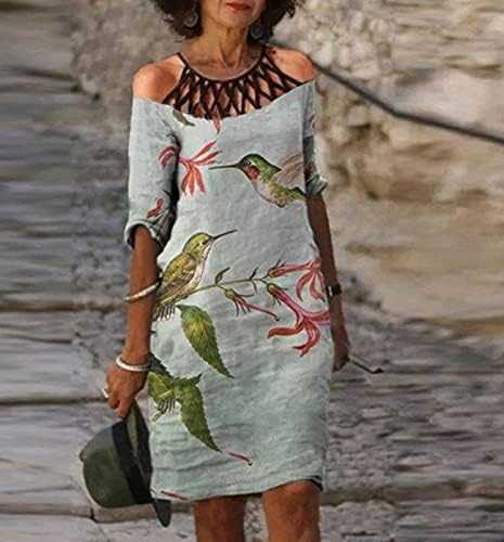 Фрагрни фустани за одмор, женски летни обични лабави цветни шупливи кружни врати со пет дела фустан со ракав