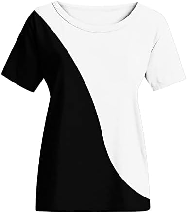 Обични врвови за жени мода комтраст боја печатена маица лето кратки ракави со тркалезен врат маица лабава фустани блузи