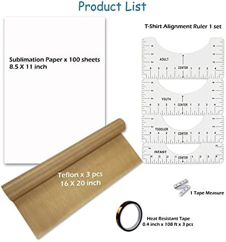 Хартија за сублимација 11x8,5 инчи 120 лист, владетел за усогласување на маици, Teflon16x12 инчи 3 парчиња, лента за сублимација 3 пакувања, мерка