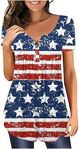4 -ти јули врвови за жени 2023 година, знаме на САД, печатено од тепачки, облечен одморен одморен, кошула со кошула со плетенка надолу од блузи