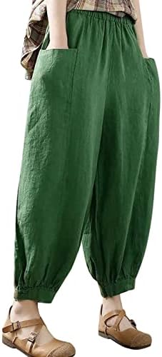 Женски памучни постелнини обични панталони опуштени вклопени цврсти бои летни хареми панталони еластични половини бохо панталони