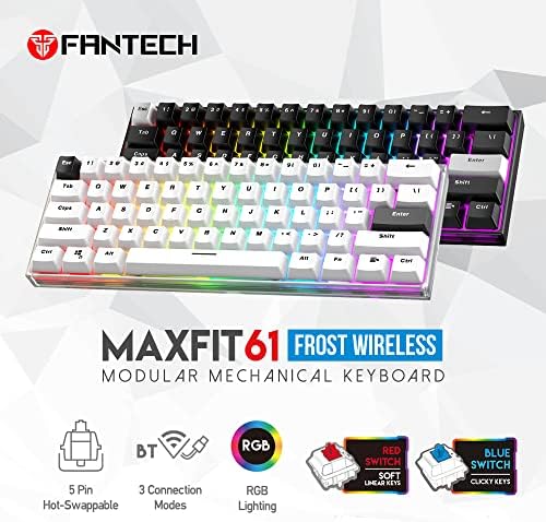 FANTECH MAXFIT61 Frost Безжична 60% Механичка Тастатура, BT5. 0/Тип-C/2.4 G Компактен 61keys Топла Заменлива RGB Игри Тастатура За WINDOWS КОМПЈУТЕР,