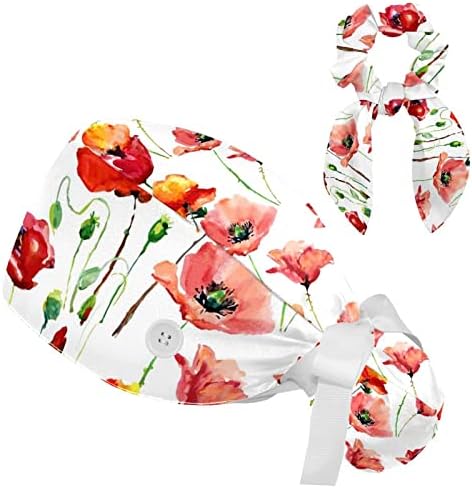 Црвени афиони цвеќиња пеперутка Работна капа прилагодлива капаче за чистење со копчиња и лажна коса чиста за медицинска сестра