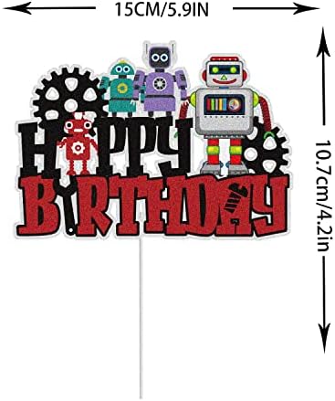 Робот среќен роденден торта за торта црна црвена црвена сјај за роботи за забава, заработи робот механичар роденденска тема за забави Декорација
