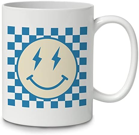 Дотаин трендовски пред -сина карирана смајли смајли керамичко кафе чаша 11oz, двојно печатено, сино подготвено смешно кригла подароци за жени