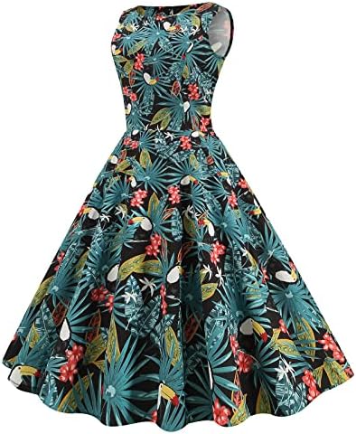 Без ракав гроздобер чај фустан за жени цветни печати коктел фустани летен круг на вратот А-линија фустан