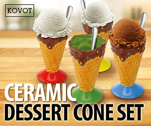 Ковот Керамички Десерт &засилувач; Сладолед Конус Во Собата-Вклучува 4 Керамички Конуси И 4 Метални Лажици