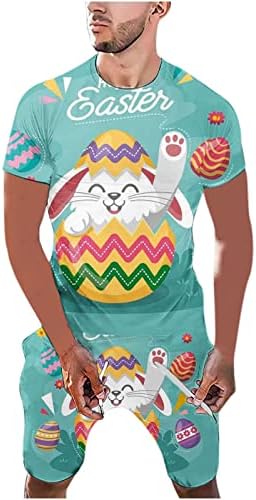 Машка велигденска кошула поставува симпатични зајаче јајца за печатење на врвни и шорцеви летни екипаж вратот на вратот со кратки ракави удобни