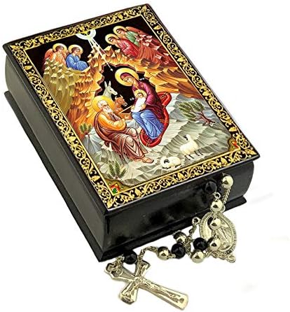 Неимоца Рождество на Христос Свето семејство Икона кутија дрвена за розарија молитви монистра држач за чување 3 3/4 инчи, подарок за