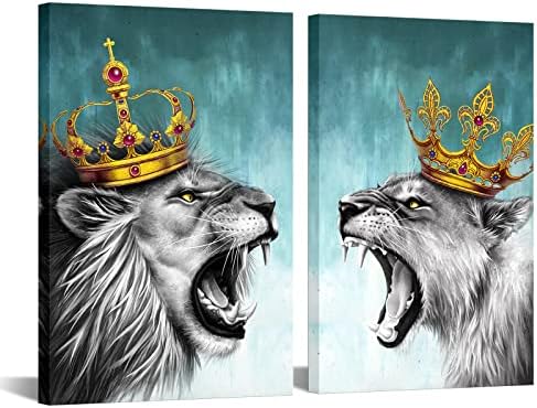 ihappywall 2 парчиња поставени лавови пар платно wallидна уметност лавов и лавница злато круна кралско животно слика уметнички