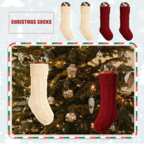 Лутер 4 парчиња големи божиќни чорапи, 18x5inch Плетени Божиќни чорапи Класичен слонова коска и Бургундија Божиќно порибување за декорација на фестивал на домашни заб?