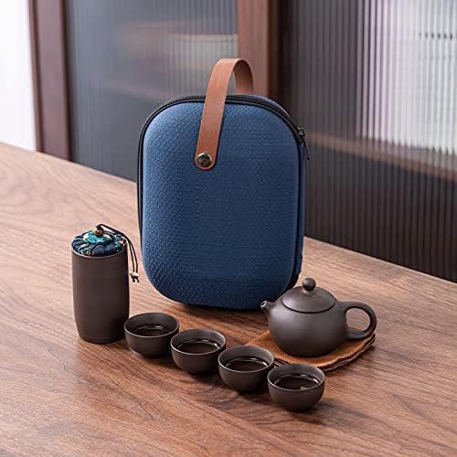 Преносен сет за чај Зиша, рачно изработен керамички чајник со 4 чаши, чај кади и торба за патувања, традиционална услуга за чај од кинески стил