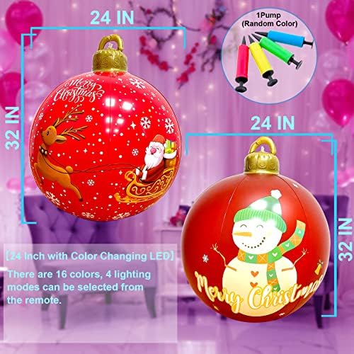 2PCS PVC Божиќна топка со електрична пумпа за воздух, 24 инчи 16 бои далечински управувач LED светла, за декор на двор и базен