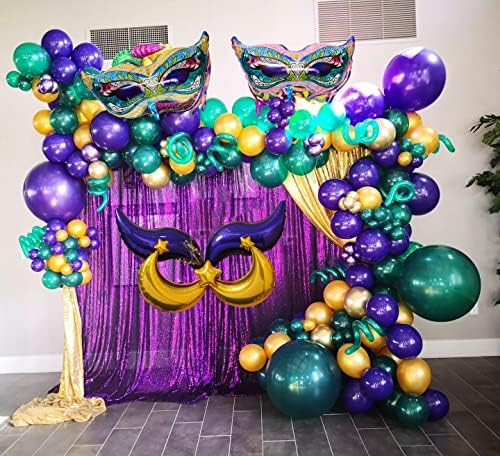 Марди Грас Балон Венец Комплет, 152 ПАРЧИЊА Виолетова Зелена Злато Балони Маска Знак Фолија Балони За Марди Грас Маскарада Њу Орлеанс