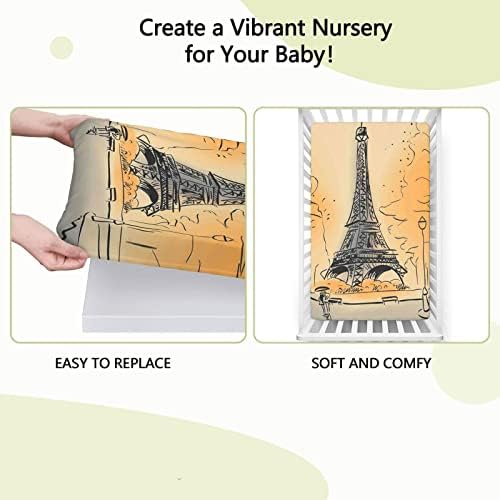 Париз тематски опремени мини чаршафи за креветчиња, преносни мини за креветчиња со листови ултра мек материјал-бебе за момчиња за момчиња, 24