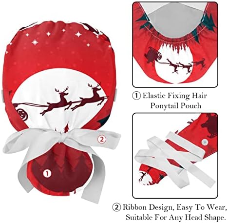 Медицински капачиња за жени со копчиња долга коса, 2 парчиња прилагодливо работно капаче, божиќна зимска шума црвена со ирваси