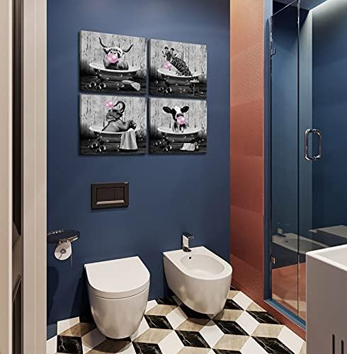 Слики за бања Калава, сет на wallидни украси од 4 смешни животни црно -бели бања, wallидна уметност розова меур платно, wallидна
