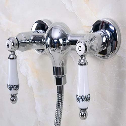 Полиран хромирана месинг бања со рака, држена тапа за глава за туширање, сет миксер допрете двојни керамички рачки