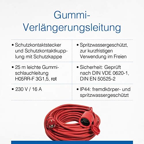 како-швабе продолжен кабел, гумен продолжен кабел, H05RR-F 3G1. 5, црвена безбедносна боја, IP 44  -  погоден за надворешна употреба,