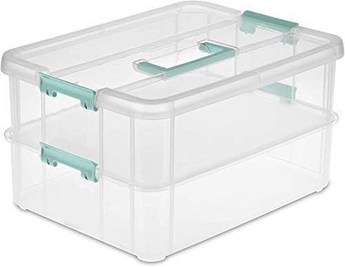 Tribello Stack & Carry 2 слој за рачки, чиста пластична стабилна кутија со капакот и сината рачка - за организација, големина 14 x 10 x 7- Направено