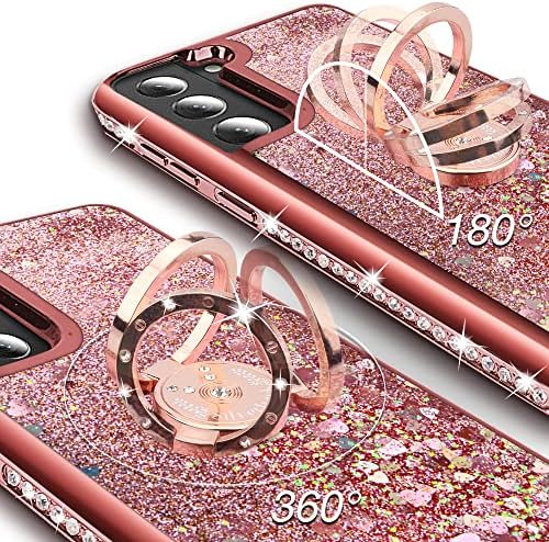 Silverback За Samsung Galaxy S23 Случај, Се Движат Течни Холографски Искра Сјајот Случај Со Kickstand, Девојки Жени Блинг Дијамант Прстен Тенок Заштитен Случај За Galaxy S23 5G-Rosegold