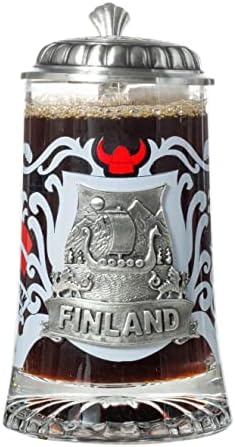 Финска Метал Икона Викинг Брод Дизајн Стакло Пиво Штајн Со Метален Капак И Палецот Лифт
