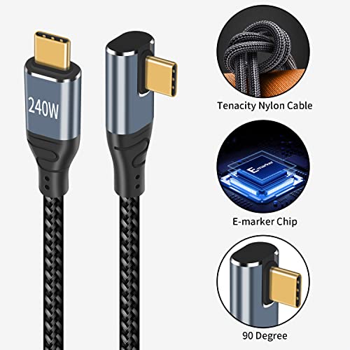 POYICCOT 240W USB C кабел десен агол, 9,8ft USB C полнач кабел десен агол, 90 степени USB C до USB C PD 3.1 Type C полнач за брзо полнење