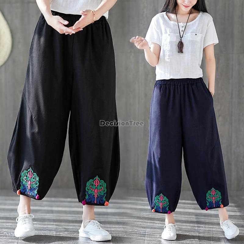 Кинески жени извезени памучни постелнини со високи половини, обични панталони со широки нозе ретро панталони Национален стил Блум