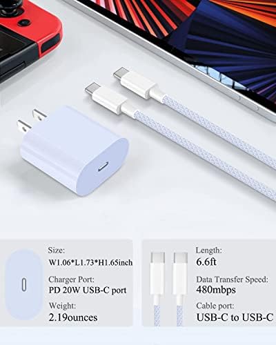 iPad Pro Полнач 20W USB C Полнач со 6,6 ft USB-C Ткаен Кабел, Кабел За Брзо Полнење за iPad Pro 12,9 инчи, iPad Pro 11 инчи,