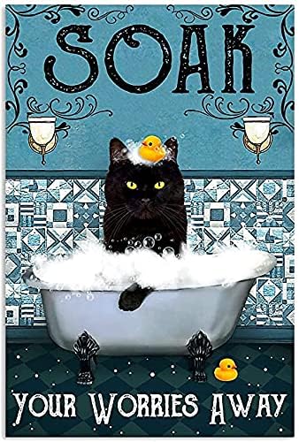 За знак за калај со калај со када од када, црна мачка натопете ги проблемите со меурчиња за бања сапун постери гроздобер тоалет пештерски