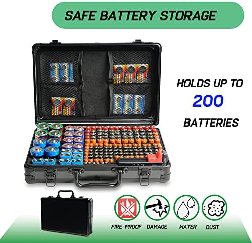 Тешка алуминиумска батерија за складирање на батерии со тестер, држете вкупно 200+ C, D, AA, AAA, AAAA, 9V батерии