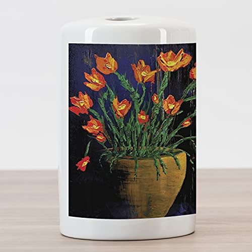 Држач за четкичка за заби од цветна цветна, соединение за сликање на масло со ботанички дизајн на вазна, измешана, декоративна разноврсна countertop за бања, 4,5 x 2,7, верми?