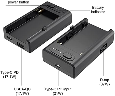Нп-Ф Повеќекратен Адаптер За Напојување За Sony NP-F970/750/550 Батерија Со 21w Тип-Ц Влез, Тип Д-допрете-Ц USB-А Излез со 1/4 Монтирање и 2200mah
