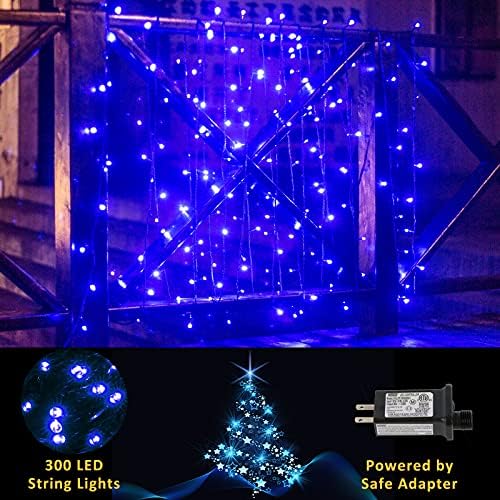 300 LED 114.9ft Сини Божиќни светла со 8 режими на осветлување, поврзување на 4 -ти јули сини жици, светла за бајки за внатрешно отворено, градина,