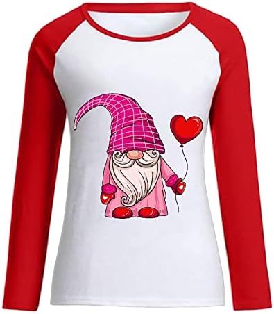 Денот на в Valentубените, џемпери на врвот на женските смешни гноми за срце, блуза со блуза, пролетни маици со долг ракав, печати туничен врв