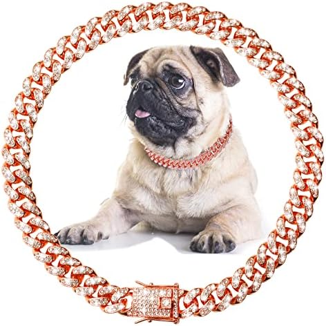 Јака од синџир на кучиња со безбеден ланец на кучиња дијамантски јака миленичиња кубански накит за кучиња за кучиња