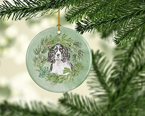 Богатства на Каролина CK8917CO1 Англиски Спрингер Шпаниел црно -бел божиќен венец керамички украс, украси за новогодишни елки, виси украс за Божиќ, празник, забава, пода