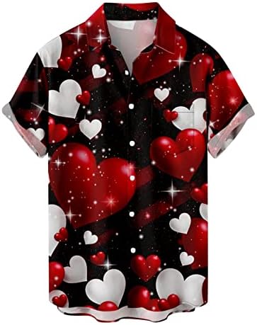 3Д loveубовно срце печатење врвови за мажи случајни копче надолу кошули лапел кратки ракави трендовски графички маички за вinesубените