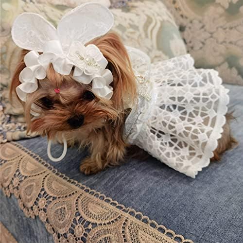 Свадбена облека за кучиња за мали средни девојки кучиња кученце, бело куче невеста принцеза фустан со сет на поводник и глава,
