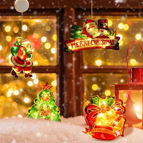 4 парчиња светло за декорација на Божиќни прозорци, Божиќни светла затворено, Божиќен елемент Светло за Божиќ, Божиќно прозорец со батерија,